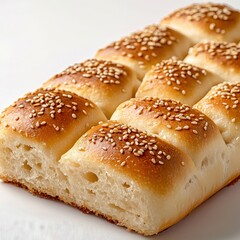 Close-up of freshly baked soft bread rolls with a golden crust sprinkled with sesame seeds on a white plate, ideal for breakfast or bakery products