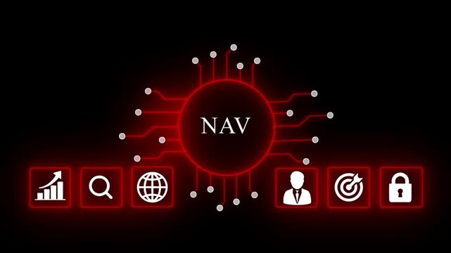 Modern digital interface with glowing N A V symbol surrounded by business and technology glowing NAV symbol