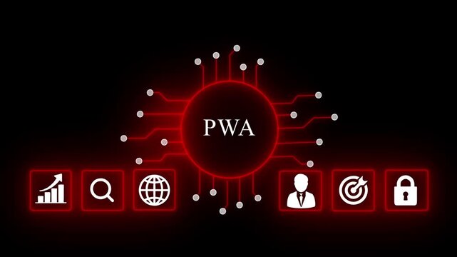 Progressive Web App P W A Concept with Glowing Circuitry and Business on Dark Background PWA concept