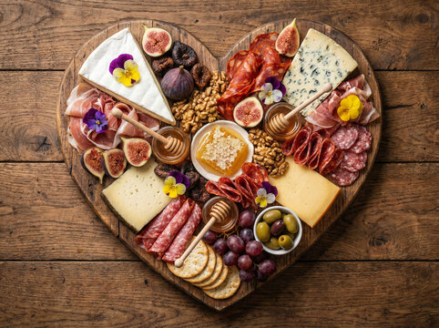 Deska ser&oacute;w i wędlin ułożona na drewnianym blacie w formie serca, z figami i miodem