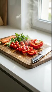 Vibrant fresh vegetables prepped on a wooden board in the bright kitchen.