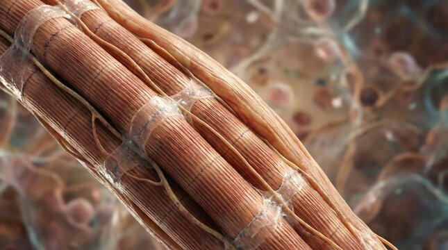 Microscopic view of striated muscle fibers, showing the intricate structure of myofibrils and connective tissue.