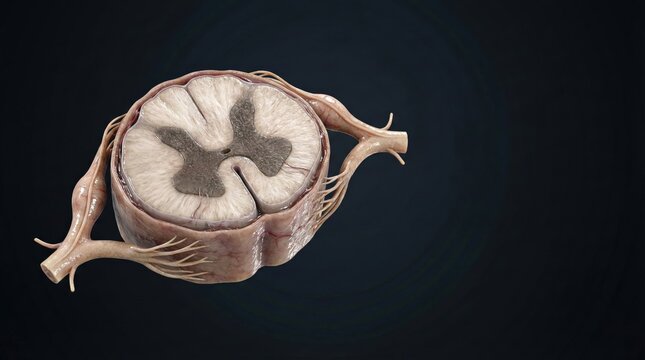 Cross-section of the human spinal cord showing gray and white matter, dorsal and ventral roots, and spinal nerves.