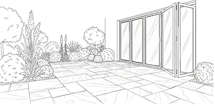 Sketch of a modern patio with bi-fold doors and lush garden landscaping