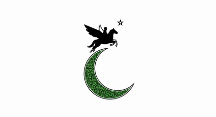 Obraz premium Silhouette of winged horse and rider leaping over a green crescent moon