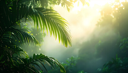 Naklejka premium Golden rays of sunlight filtering through tropical leaves. Misty jungle with bright sunlight illuminating palm trees. Serene forest landscape with beams of light and mist