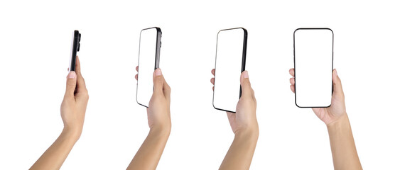 Smartphone mockup in hand with blank screen isolated on white background mobile app presentation digital marketing user interface design online communication modern technology concept.PNG file