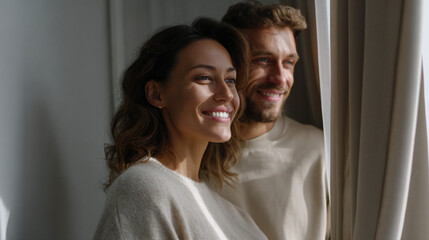 Obraz premium A couple hanging curtains in a bright bedroom.