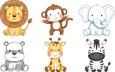 Obraz premium Cute Baby Safari Animals Vector Set with Lion, Monkey, Elephant, Zebra, Giraffe and Bear Cartoon Characters