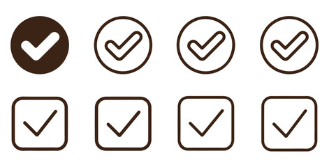 Dark brown and outline check mark icons in circle and square shapes for approval and completion tasks © Joynab
