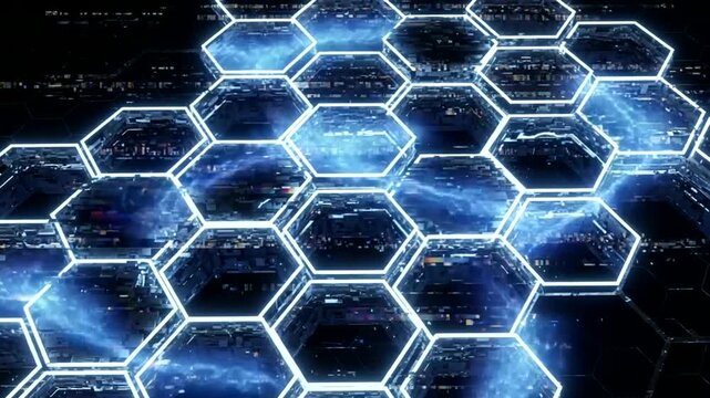 Abstract Blue Hexagonal Grid with Digital Data Flow.