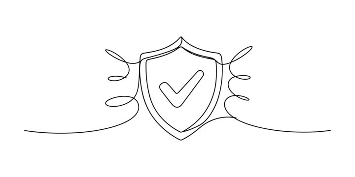 Continuous line drawing of shield with check mark, protection and security concept vector