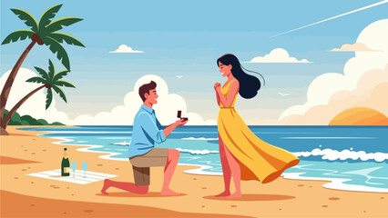 Romantic beach proposal Man kneels with engagement ring as woman reacts with joy on sandy shore during sunset, palm trees and ocean backdrop