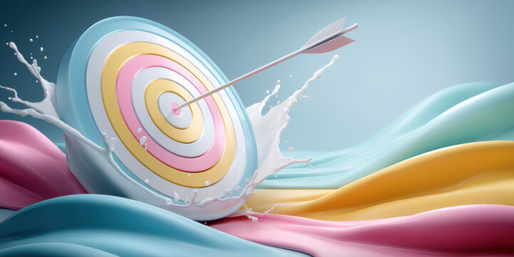 Pastel target business concept with arrow hitting center and flowing colorful liquid