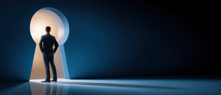 Business executive stands before illuminated keyhole doorway envisioning opportunity and future