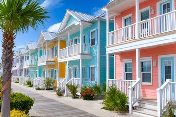 Colorful beach houses lining boardwalk under blue sky