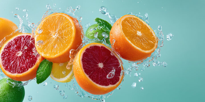 Fresh citrus halves splash with water business fresh orange grapefruit lime lemon vibrant mint