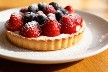 Delicious berry tart with strawberries and blueberries on plate.