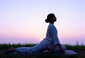 Female practicing yoga outdoors at sunset in tranquil landscape.