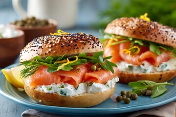 Smoked salmon bagel with cream cheese and capers