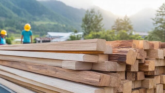 Lumber Yard Scene: Wooden planks stacked high in a lumberyard, showcasing the beauty and texture of raw wood, with workers in the background.