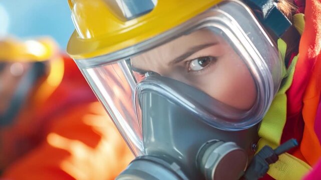 Courage in the Crisis: A determined rescuer, clad in protective gear and a gas mask, stares intently into the distance. This image symbolizes unwavering resolve and valor under duress.