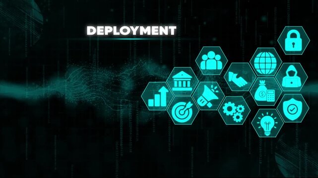 Deployment Concept with Business and Technology on Hexagonal Nodes Over Digital Background software development