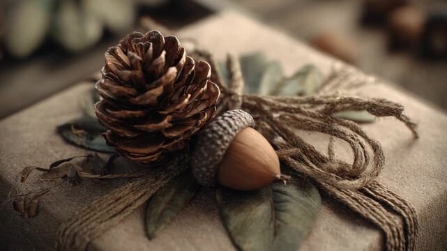 Autumn Gift Wrapped: A pinecone and acorn rest atop a gift wrapped in brown paper, adorned with green leaf, jute, evoking a cozy autumn aesthetic.