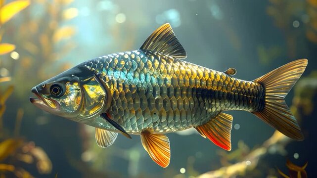 A vibrant fish swims through aquatic plants with iridescent scales