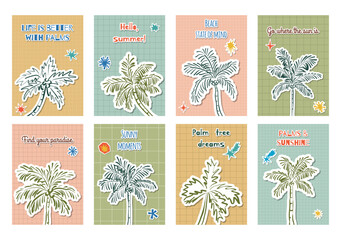 Set of summer posters with stickers of hand drawn sketch palm trees, stars and beach themed inspirational quotes. Cards collection, in a retro style with paper cut effect on a grid background.
