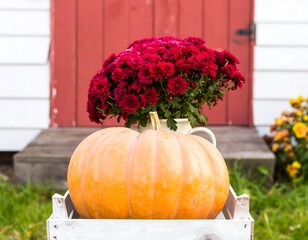 A vibrant autumn display with a large orange pumpkin set in a wooden crate, with a bouquet of dark red flowers