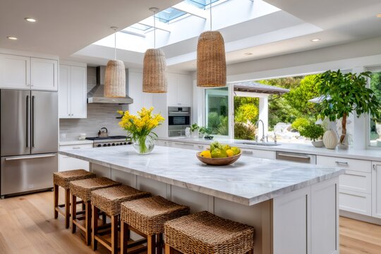 Modern kitchen featuring marble island and natural light