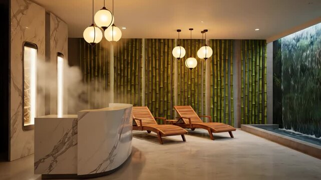 Modern spa lobby with bamboo accents and a tranquil waterfall feature. Relaxing lounge chairs invite guests to unwind in peace.