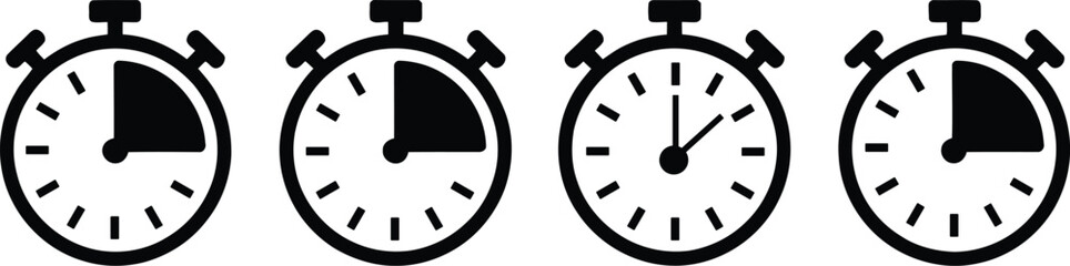 A row of four stopwatches with varying times displayed on their faces.