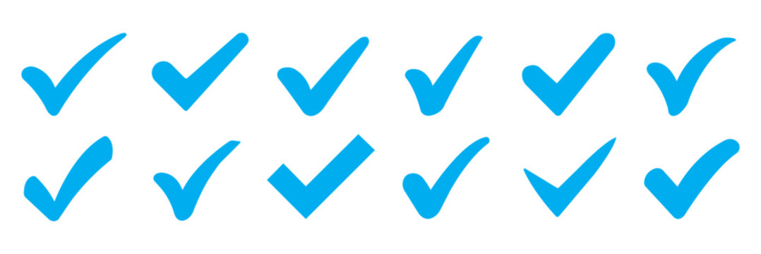 Set of blue check mark icons approval sign checkbox ok yes complete concept