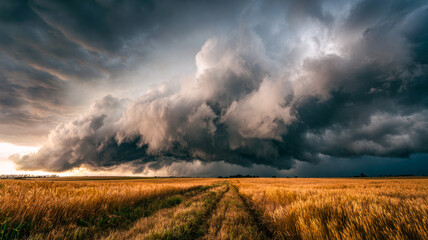 Naklejka premium Dramatic storm clouds gathering over golden wheat field under a moody sky with vibrant colors.