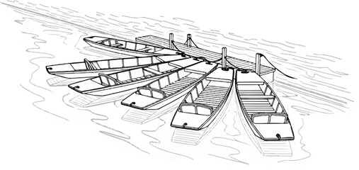 Obraz premium Several narrow boats are moored to a wooden jetty on rippling water