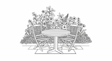 Sketch of an outdoor table and chairs surrounded by flowers
