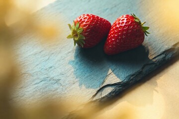 Fresh strawberries on rustic slate surface in warm sunlight.
