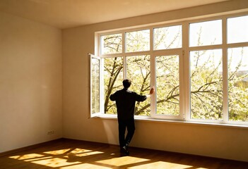 Caucasian adult male standing by open window in sunlit room overlooking blossoming trees.