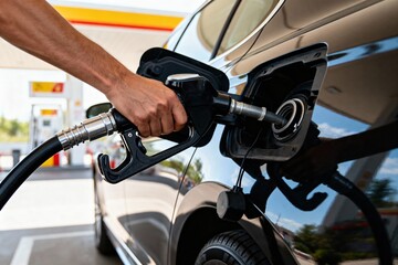 Person refueling black car at gas station with fuel nozzle.