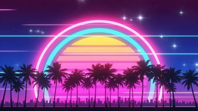 Retro 80s Miami Sunset with Palm Trees and City Skyline