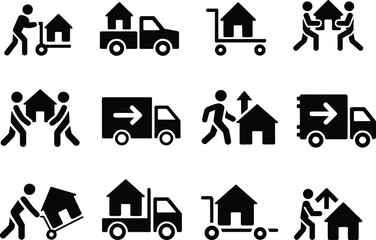 Fototapeta premium Moving house icons collection in simple black and white design.