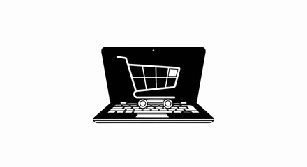 Shopping cart icon on an open laptop keyboard, black and white