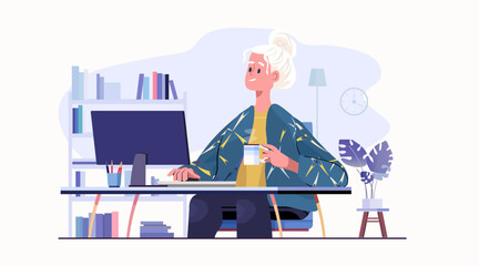 Senior woman working at computer home office active aging concept modern interior desk books coffee cup plant clock flat design