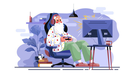 Senior man gaming headset controller computer screen home cozy interior modern lifestyle active aging