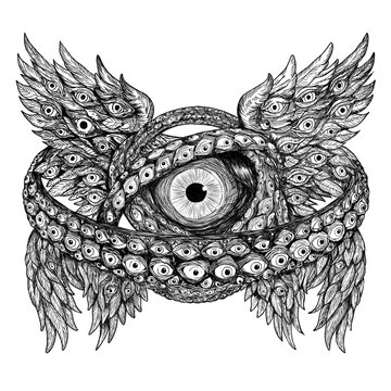Biblical Seraphim Angel with Many Eyes &mdash; Engraving Style Black and White Illustration