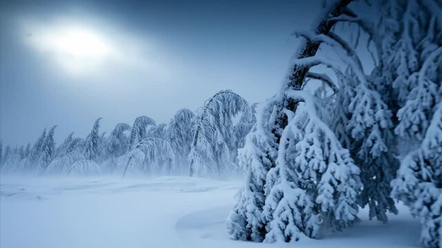 Snowy forest landscape with bent trees under a bright sun and mist