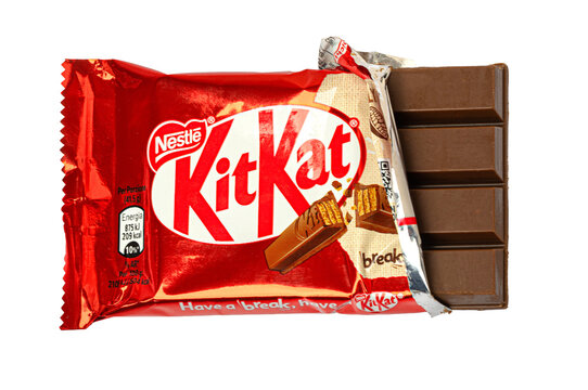 Kit kat chocolate bar with red wrapper and transparent background