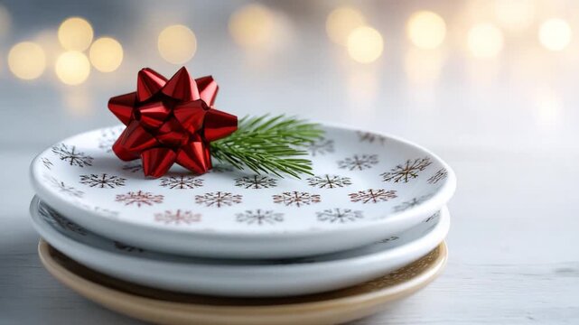 Festive Plates: A stack of elegant plates, adorned with delicate snowflake patterns, are the centerpiece, each plate enhanced by a vibrant red bow and a sprig of evergreen.